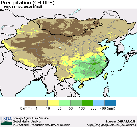 China, Mongolia and Taiwan Precipitation (CHIRPS) Thematic Map For 3/11/2018 - 3/20/2018