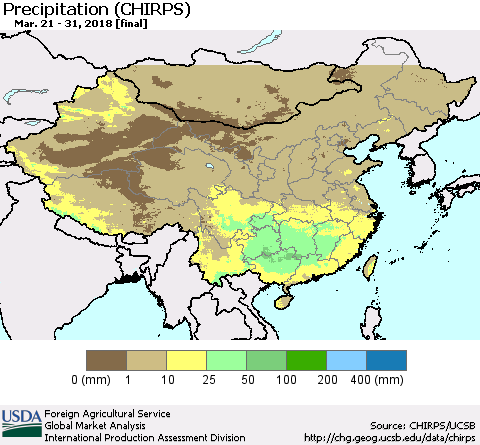 China, Mongolia and Taiwan Precipitation (CHIRPS) Thematic Map For 3/21/2018 - 3/31/2018