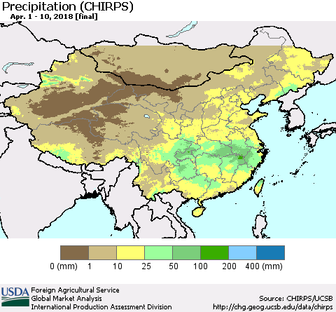 China, Mongolia and Taiwan Precipitation (CHIRPS) Thematic Map For 4/1/2018 - 4/10/2018