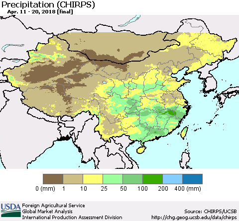 China, Mongolia and Taiwan Precipitation (CHIRPS) Thematic Map For 4/11/2018 - 4/20/2018
