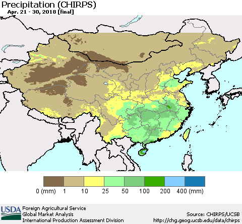 China, Mongolia and Taiwan Precipitation (CHIRPS) Thematic Map For 4/21/2018 - 4/30/2018