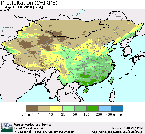 China, Mongolia and Taiwan Precipitation (CHIRPS) Thematic Map For 5/1/2018 - 5/10/2018