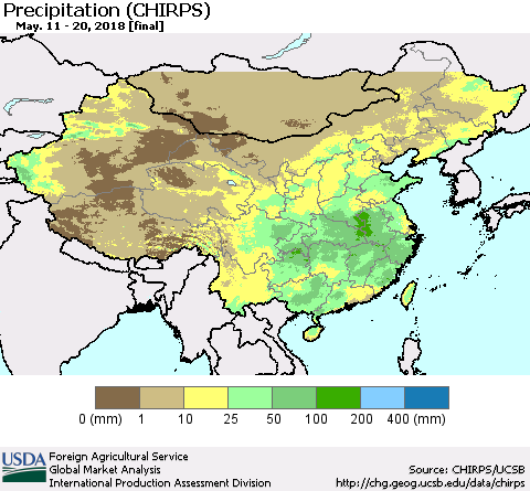 China, Mongolia and Taiwan Precipitation (CHIRPS) Thematic Map For 5/11/2018 - 5/20/2018