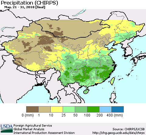 China, Mongolia and Taiwan Precipitation (CHIRPS) Thematic Map For 5/21/2018 - 5/31/2018