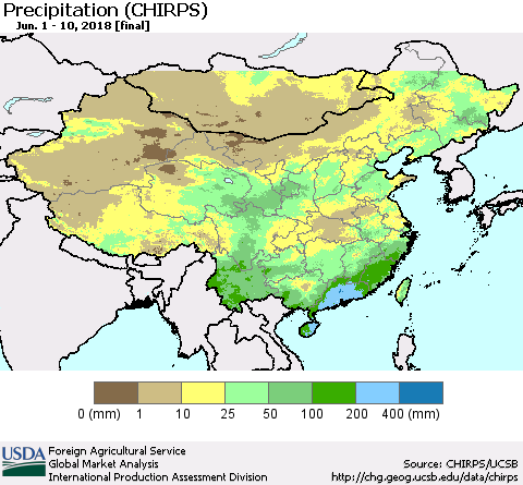 China, Mongolia and Taiwan Precipitation (CHIRPS) Thematic Map For 6/1/2018 - 6/10/2018