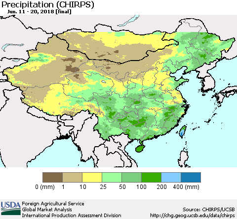 China, Mongolia and Taiwan Precipitation (CHIRPS) Thematic Map For 6/11/2018 - 6/20/2018