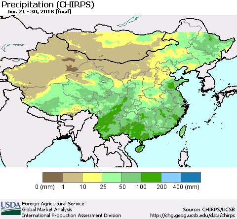 China, Mongolia and Taiwan Precipitation (CHIRPS) Thematic Map For 6/21/2018 - 6/30/2018