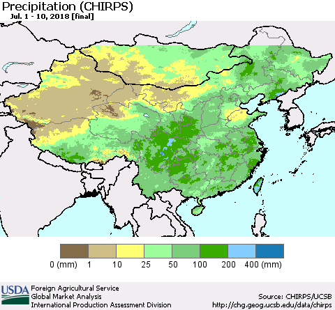 China, Mongolia and Taiwan Precipitation (CHIRPS) Thematic Map For 7/1/2018 - 7/10/2018