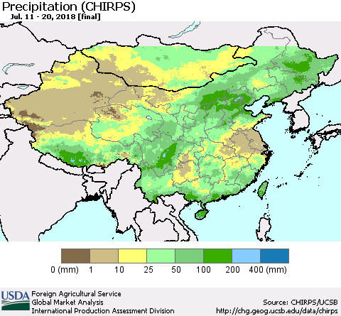China, Mongolia and Taiwan Precipitation (CHIRPS) Thematic Map For 7/11/2018 - 7/20/2018