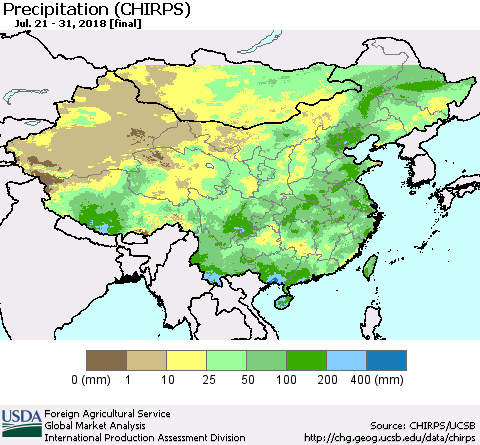 China, Mongolia and Taiwan Precipitation (CHIRPS) Thematic Map For 7/21/2018 - 7/31/2018