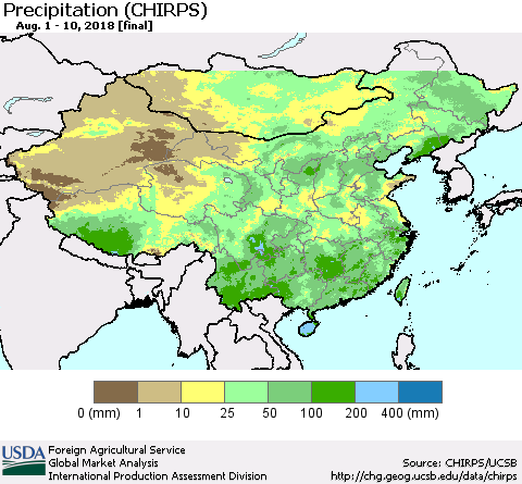 China, Mongolia and Taiwan Precipitation (CHIRPS) Thematic Map For 8/1/2018 - 8/10/2018