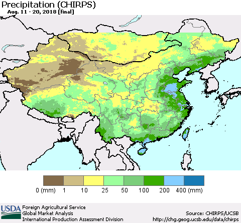 China, Mongolia and Taiwan Precipitation (CHIRPS) Thematic Map For 8/11/2018 - 8/20/2018