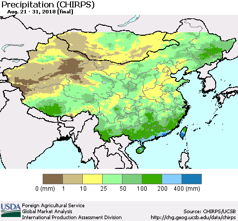 China, Mongolia and Taiwan Precipitation (CHIRPS) Thematic Map For 8/21/2018 - 8/31/2018
