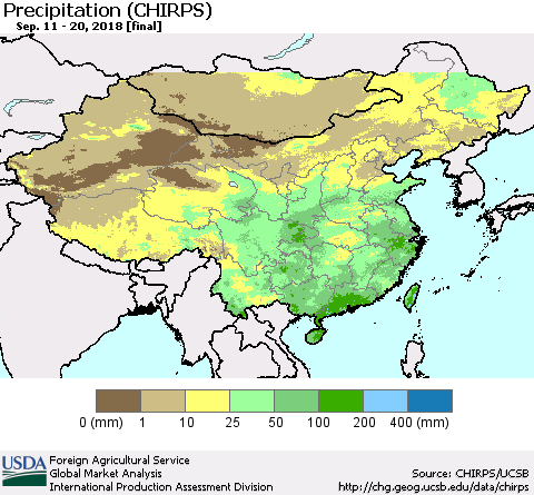 China and Taiwan Precipitation (CHIRPS) Thematic Map For 9/11/2018 - 9/20/2018