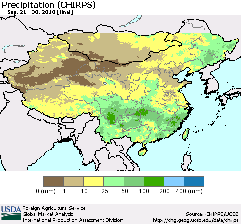 China and Taiwan Precipitation (CHIRPS) Thematic Map For 9/21/2018 - 9/30/2018