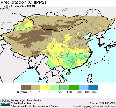 China and Taiwan Precipitation (CHIRPS) Thematic Map For 10/11/2018 - 10/20/2018