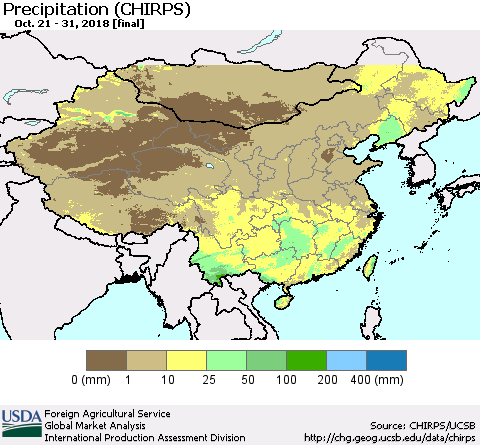 China, Mongolia and Taiwan Precipitation (CHIRPS) Thematic Map For 10/21/2018 - 10/31/2018