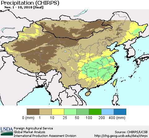 China and Taiwan Precipitation (CHIRPS) Thematic Map For 11/1/2018 - 11/10/2018