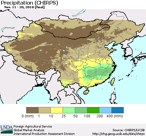 China and Taiwan Precipitation (CHIRPS) Thematic Map For 11/11/2018 - 11/20/2018
