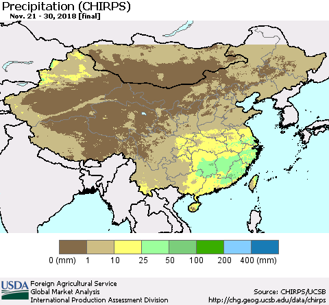 China, Mongolia and Taiwan Precipitation (CHIRPS) Thematic Map For 11/21/2018 - 11/30/2018