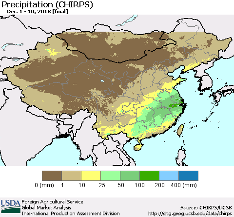 China, Mongolia and Taiwan Precipitation (CHIRPS) Thematic Map For 12/1/2018 - 12/10/2018