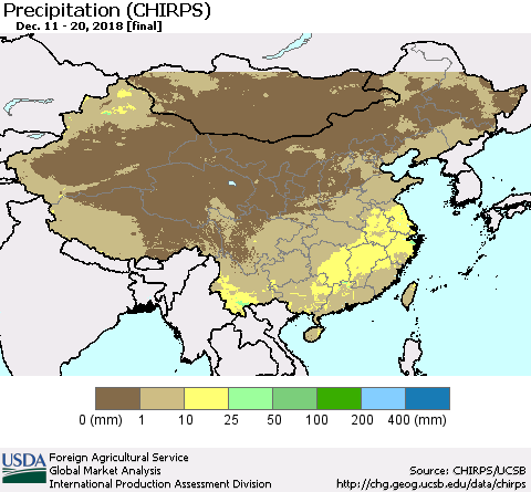 China and Taiwan Precipitation (CHIRPS) Thematic Map For 12/11/2018 - 12/20/2018