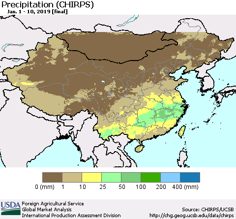 China and Taiwan Precipitation (CHIRPS) Thematic Map For 1/1/2019 - 1/10/2019