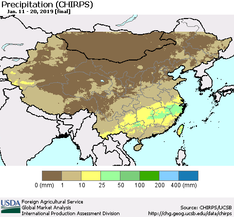 China, Mongolia and Taiwan Precipitation (CHIRPS) Thematic Map For 1/11/2019 - 1/20/2019