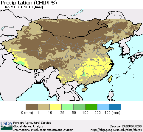 China and Taiwan Precipitation (CHIRPS) Thematic Map For 1/21/2019 - 1/31/2019