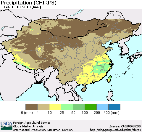 China and Taiwan Precipitation (CHIRPS) Thematic Map For 2/1/2019 - 2/10/2019