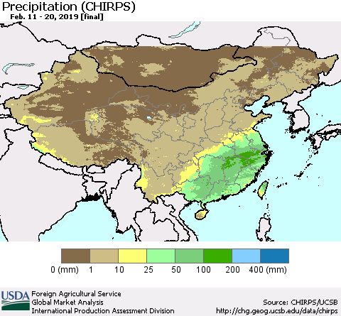 China and Taiwan Precipitation (CHIRPS) Thematic Map For 2/11/2019 - 2/20/2019