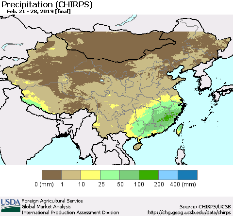 China and Taiwan Precipitation (CHIRPS) Thematic Map For 2/21/2019 - 2/28/2019