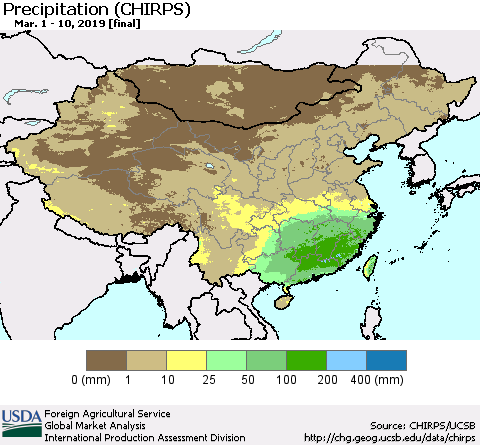 China and Taiwan Precipitation (CHIRPS) Thematic Map For 3/1/2019 - 3/10/2019