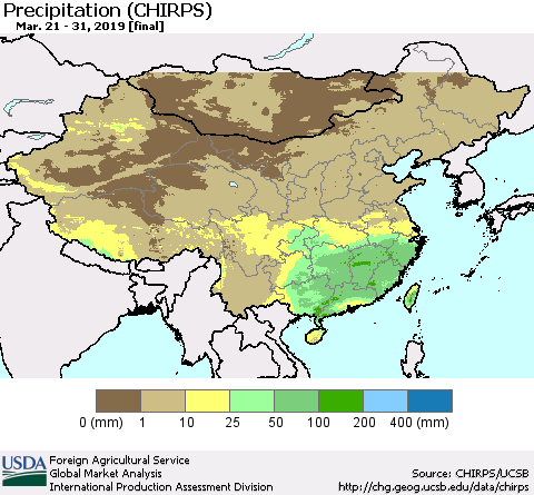China and Taiwan Precipitation (CHIRPS) Thematic Map For 3/21/2019 - 3/31/2019