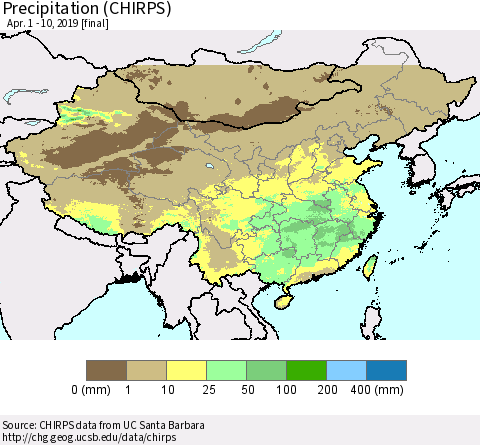 China and Taiwan Precipitation (CHIRPS) Thematic Map For 4/1/2019 - 4/10/2019