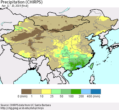 China and Taiwan Precipitation (CHIRPS) Thematic Map For 4/11/2019 - 4/20/2019