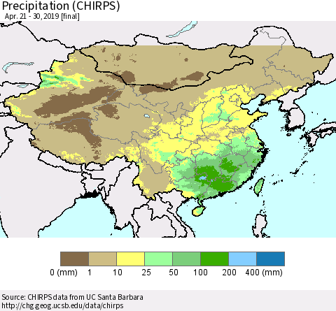 China, Mongolia and Taiwan Precipitation (CHIRPS) Thematic Map For 4/21/2019 - 4/30/2019