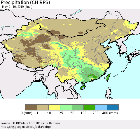 China and Taiwan Precipitation (CHIRPS) Thematic Map For 5/1/2019 - 5/10/2019