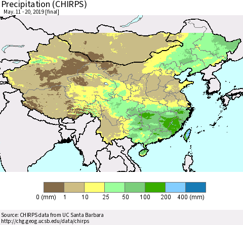 China, Mongolia and Taiwan Precipitation (CHIRPS) Thematic Map For 5/11/2019 - 5/20/2019