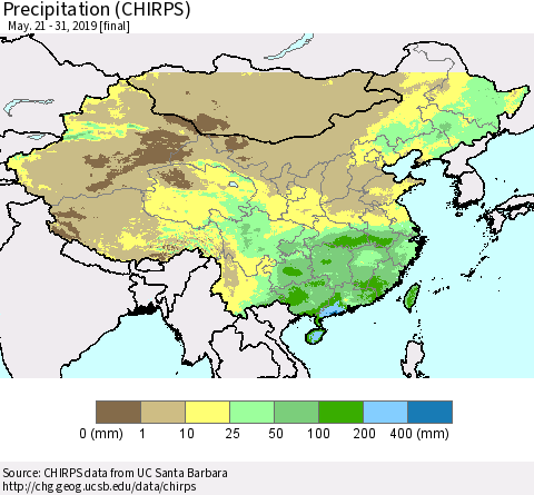 China and Taiwan Precipitation (CHIRPS) Thematic Map For 5/21/2019 - 5/31/2019
