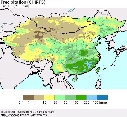 China and Taiwan Precipitation (CHIRPS) Thematic Map For 6/1/2019 - 6/10/2019