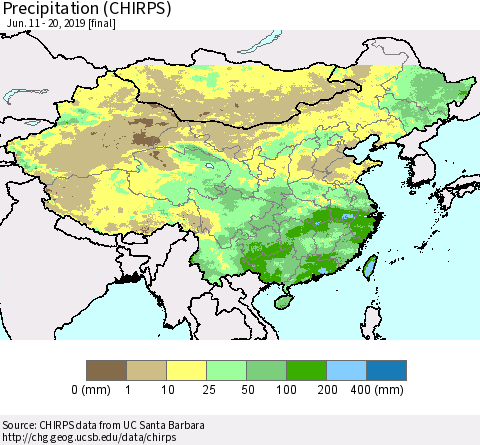 China and Taiwan Precipitation (CHIRPS) Thematic Map For 6/11/2019 - 6/20/2019