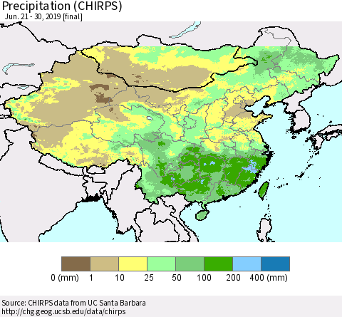 China, Mongolia and Taiwan Precipitation (CHIRPS) Thematic Map For 6/21/2019 - 6/30/2019