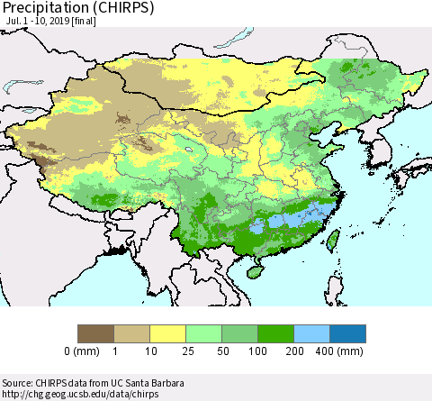 China and Taiwan Precipitation (CHIRPS) Thematic Map For 7/1/2019 - 7/10/2019