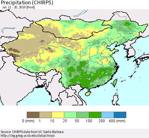 China and Taiwan Precipitation (CHIRPS) Thematic Map For 7/11/2019 - 7/20/2019