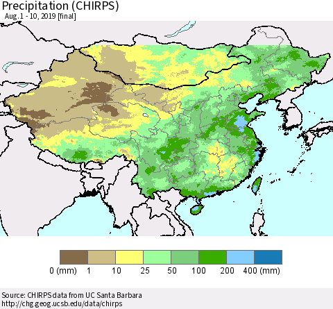 China and Taiwan Precipitation (CHIRPS) Thematic Map For 8/1/2019 - 8/10/2019