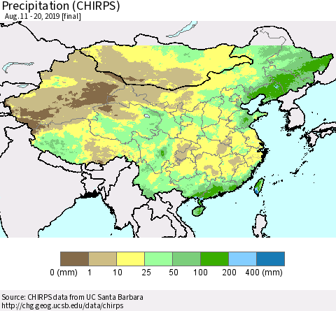 China, Mongolia and Taiwan Precipitation (CHIRPS) Thematic Map For 8/11/2019 - 8/20/2019