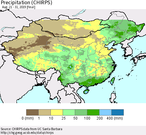 China, Mongolia and Taiwan Precipitation (CHIRPS) Thematic Map For 8/21/2019 - 8/31/2019