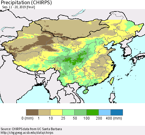 China, Mongolia and Taiwan Precipitation (CHIRPS) Thematic Map For 9/11/2019 - 9/20/2019
