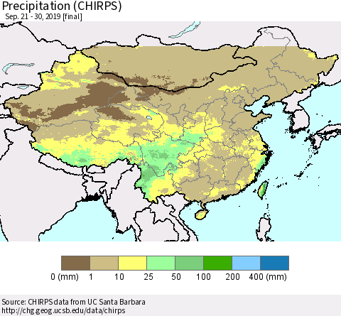 China and Taiwan Precipitation (CHIRPS) Thematic Map For 9/21/2019 - 9/30/2019